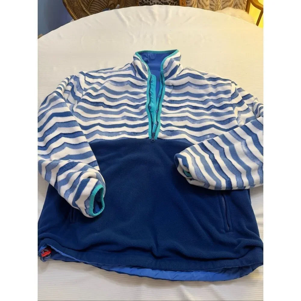 Chubbies Reversible Pullover Jacket Blue Teal Wave Fleece Men's Large Preppy Y2K